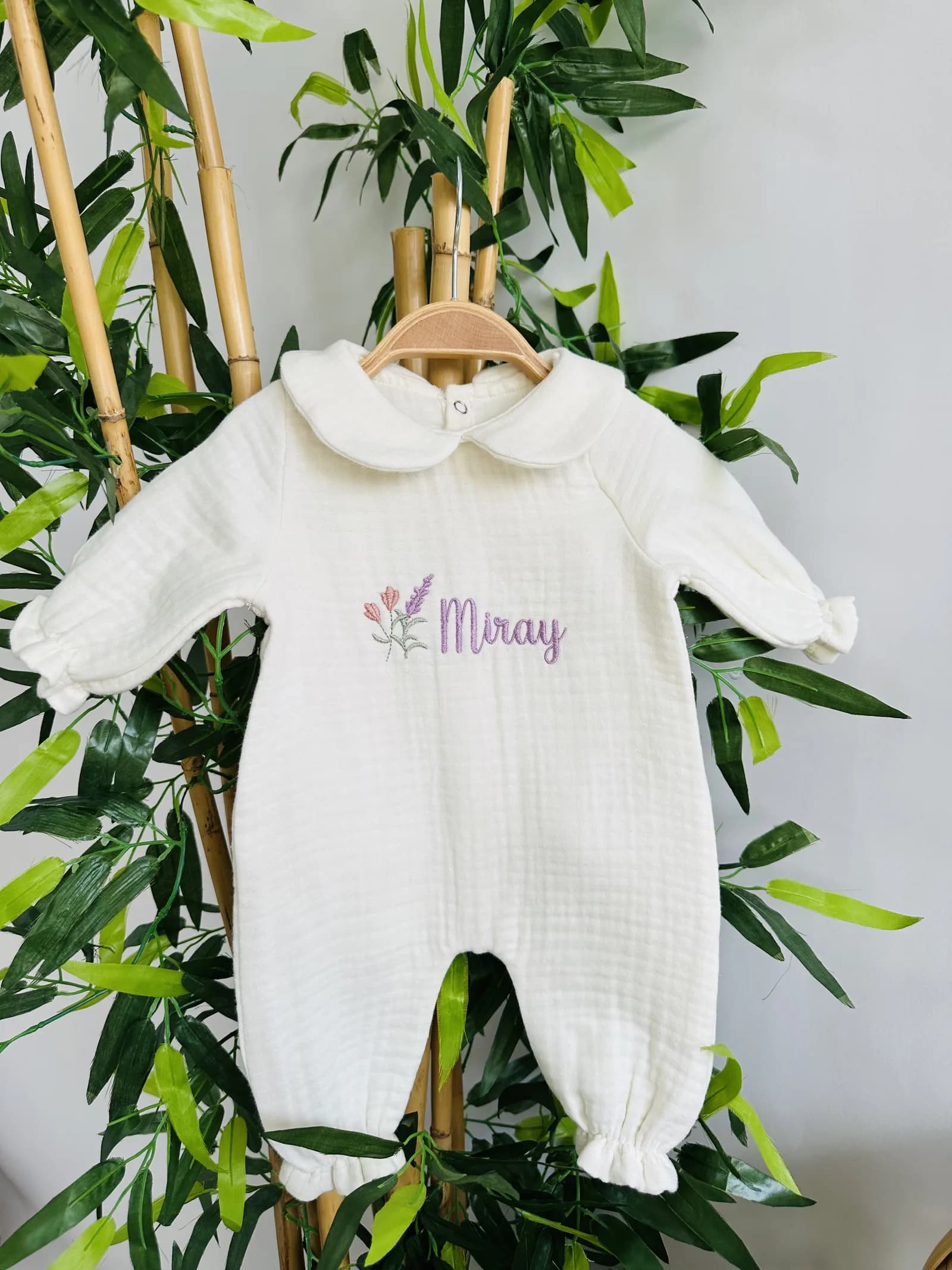 Bebe Yaka Müslin Tulum Takımı - Lavanta Desenli